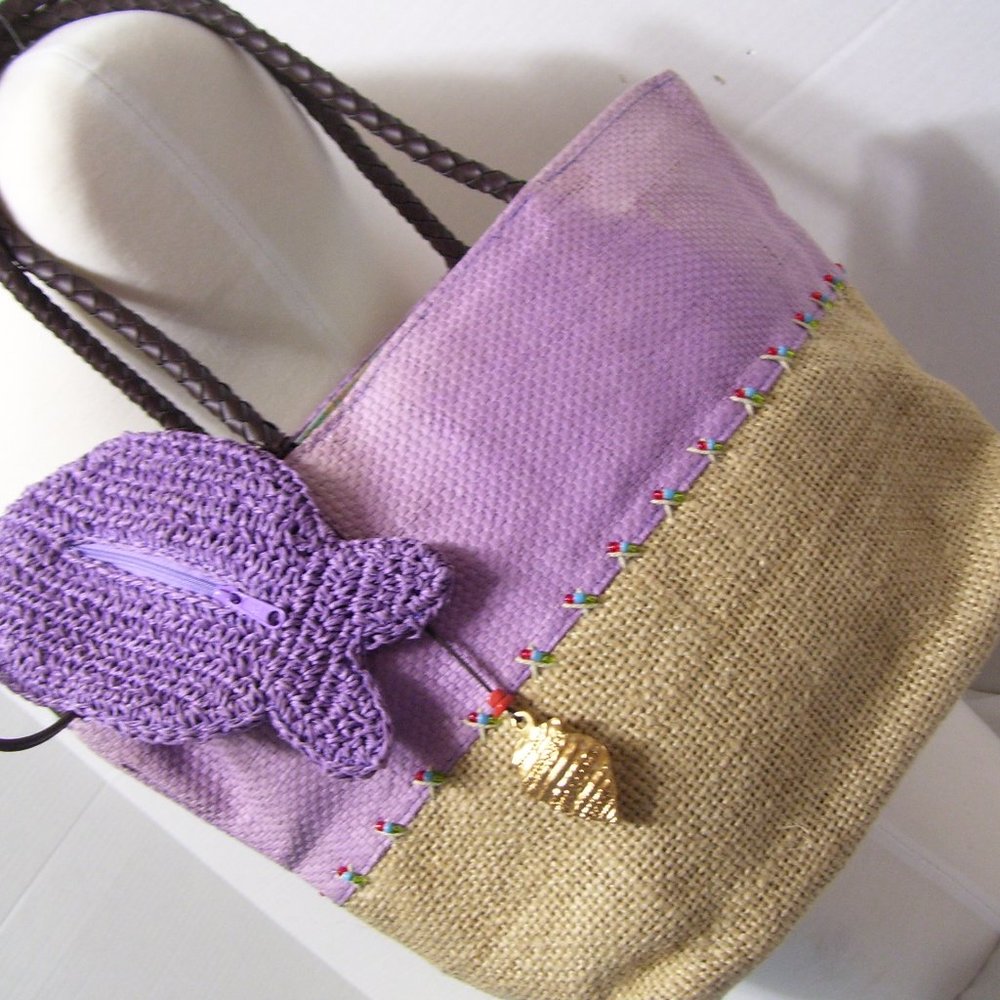 Liz Claiborne Fashion Vegan Summer Handbag Tote Seaside Purple Beige Straw NWOT